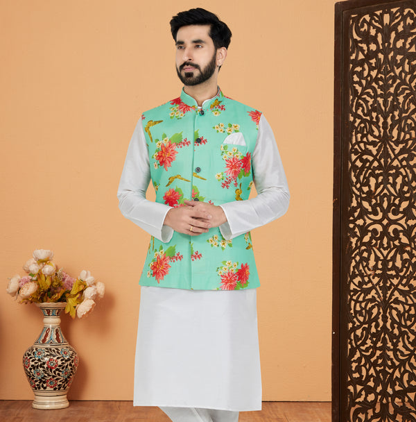 Angasudha Mint Blossom Digital Print Cotton Nehru Jacket