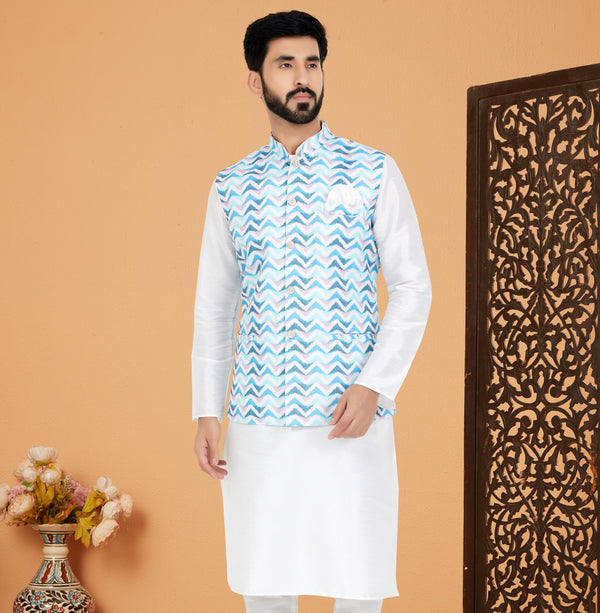Angasudha Ocean Wave Printed Cotton Nehru Jacket