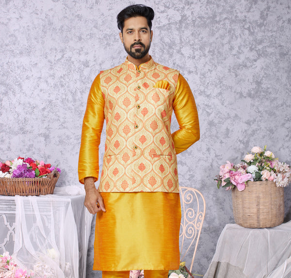 Angasudha Golden Yellow Brocade Nehru Jacket with Silk Kurta Pyjama Set