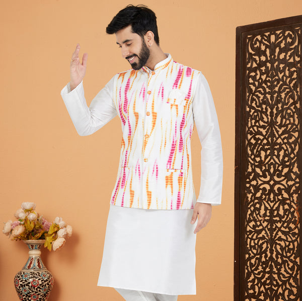 Angasudha White Cotton Kurta Pyjama with Multicolor Tie-Dye Print Waistcoat
