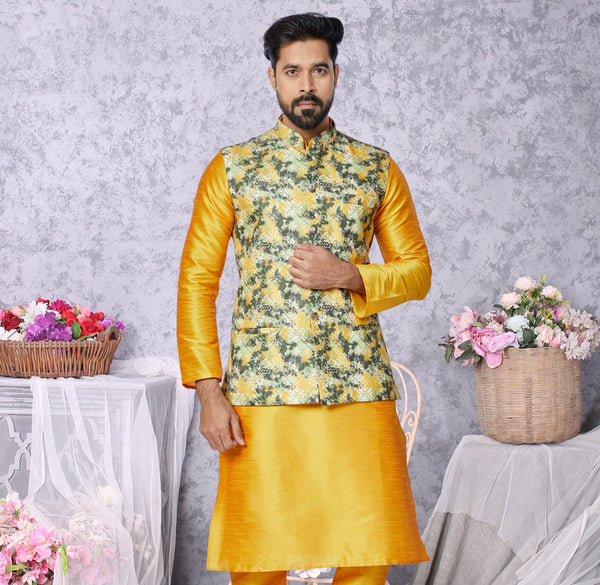 Angasudha Mustard Yellow Kurta Set with Green Floral Digital Print Waistcoat