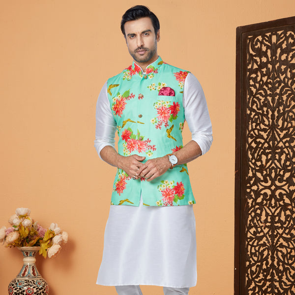 Angasudha Aqua Blue Floral Digital Print Waistcoat with White Kurta Pyjama