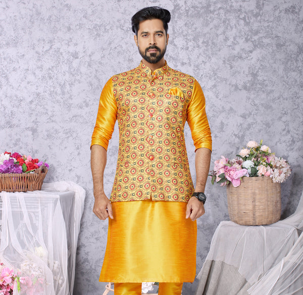 Angasudha Mustard Yellow Kurta Set with Traditional Circular Print Nehru Jacket