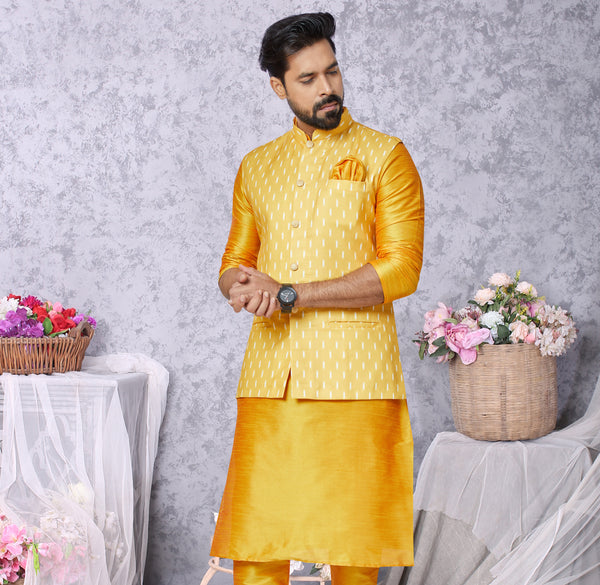 Angasudha Mustard Yellow Kurta Set with Ikat-Inspired Digital Print Waistcoat