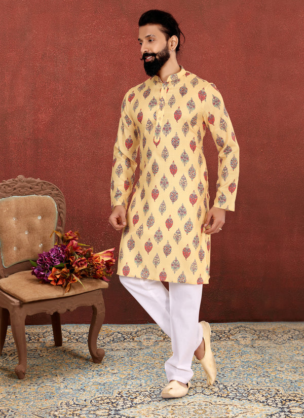 Angasudha Mustard Yellow Printed Cotton Kurta Set