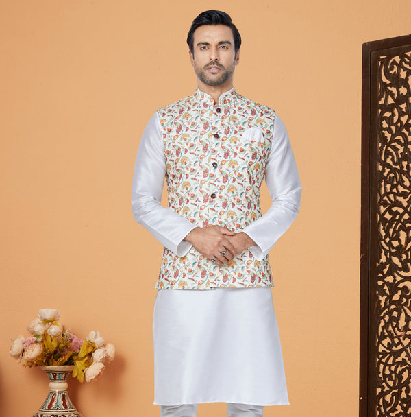 Angasudha White Paisley-Patterned Printed Waistcoat with White Kurta Pyjama