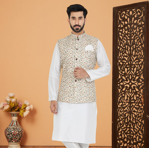 Angasudha Ivory Floral Printed Waistcoat with White Kurta Pyjama Set