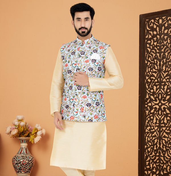 Angasudha Ivory Multicolor Floral Printed Waistcoat with Cream Kurta Pyjama Set