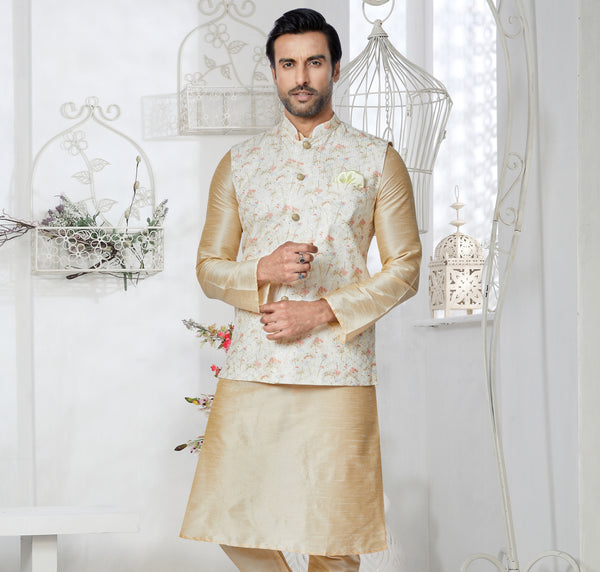 Angasudha Cream Textured Floral Mono Polyester Waistcoat