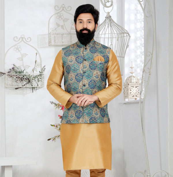 Angasudha Royal Blue-Gold Printed Mono Polyester Waistcoat