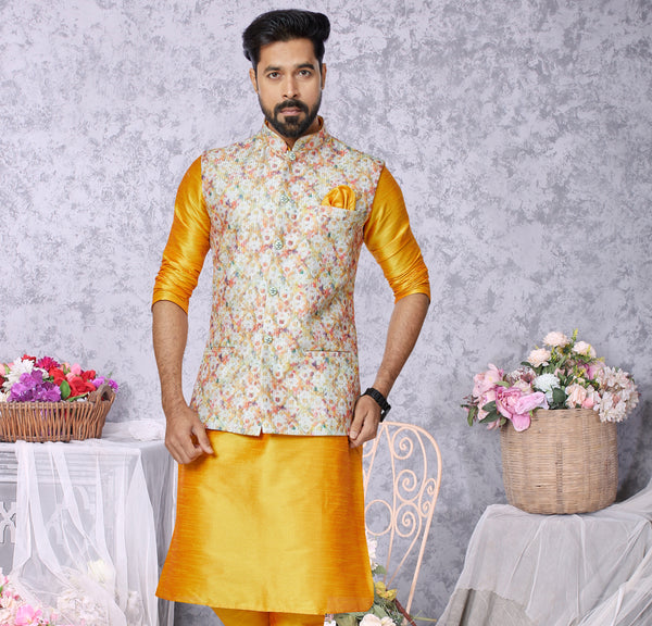 Angasudha Floral Printed Mono Polyester Waistcoat with Ribbed Texture