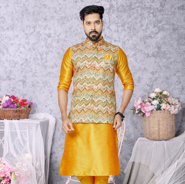 Angasudha Mustard-Green Zigzag Printed Mono Polyester Waistcoat