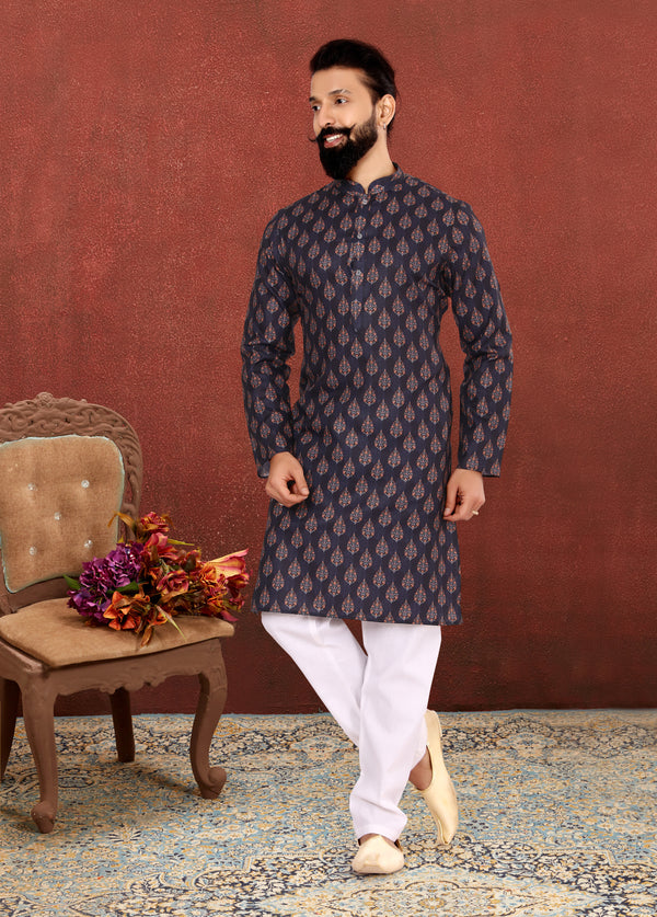 Angasudha Regal Slate Cotton Kurta with Dupion Pyjama