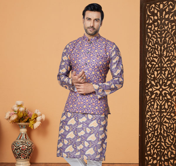 Angasudha Royal Purple Floral Digital Printed Mono Polyester Waistcoat