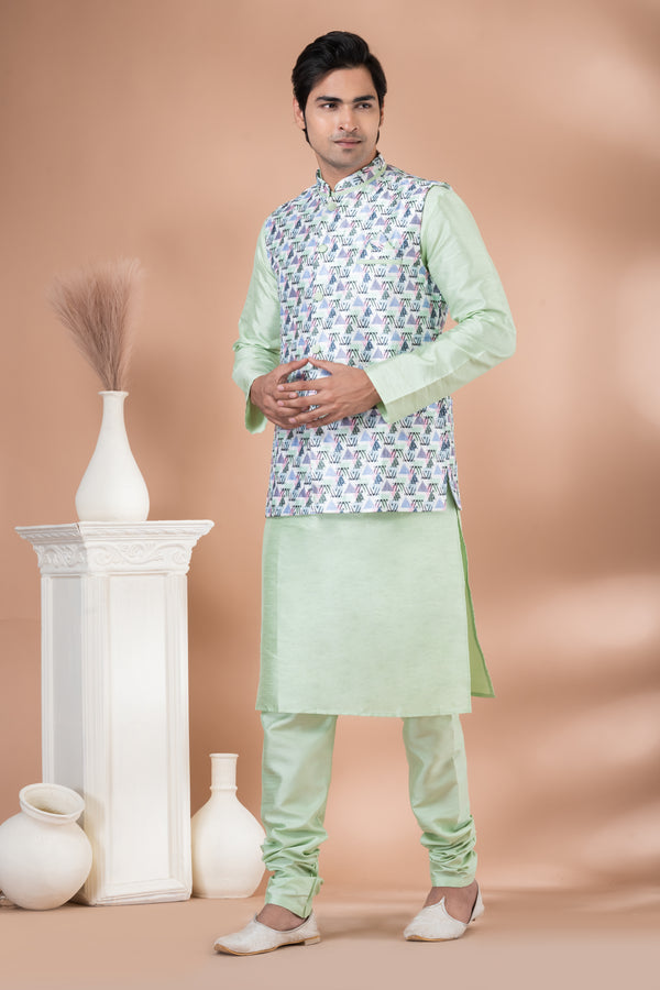 Angasudha Mint Green Banarasi Silk Kurta Pyjama with Printed Silk Jacket