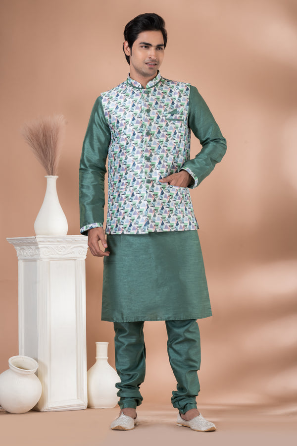 Angasudha Teal Green Banarasi Silk Kurta Pyjama with Printed Silk Jacket