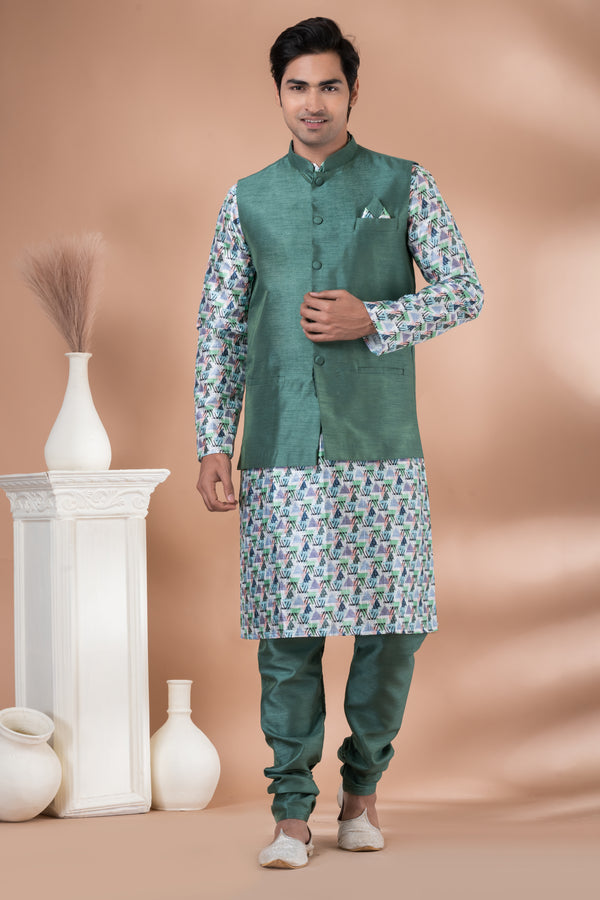 Angasudha Printed Kurta Set with Solid Green Banarasi Silk Nehru Jacket