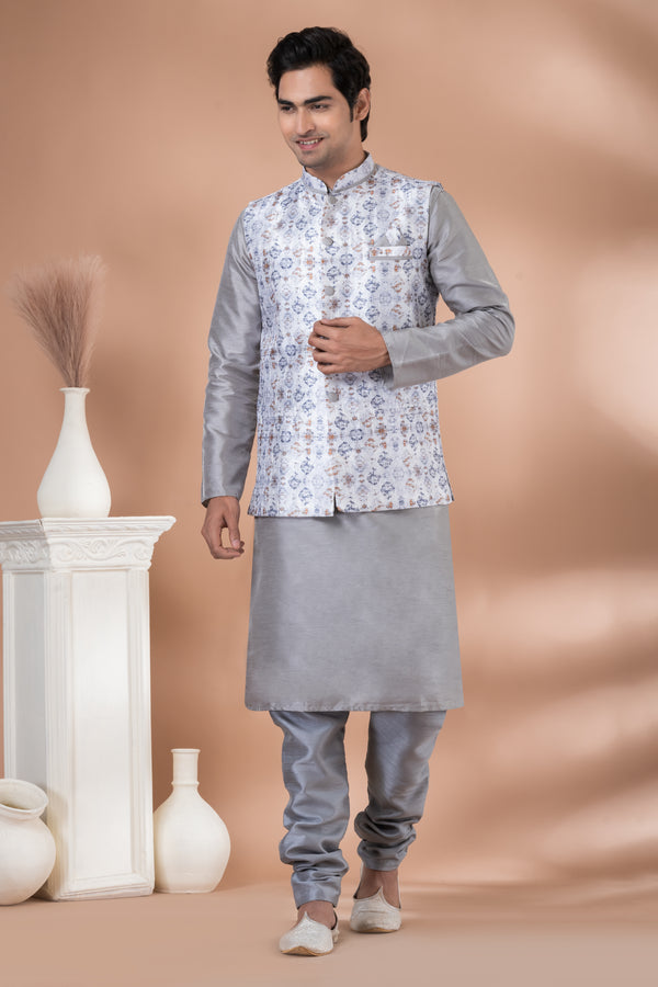 Angasudha Elegant Grey Banarasi Silk Kurta Pyjama with Printed Silk Nehru Jacket