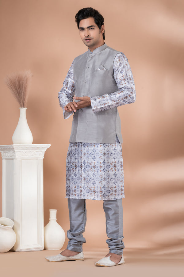 Angasudha Printed Silk Kurta Set with Solid Grey Banarasi Silk Jacket