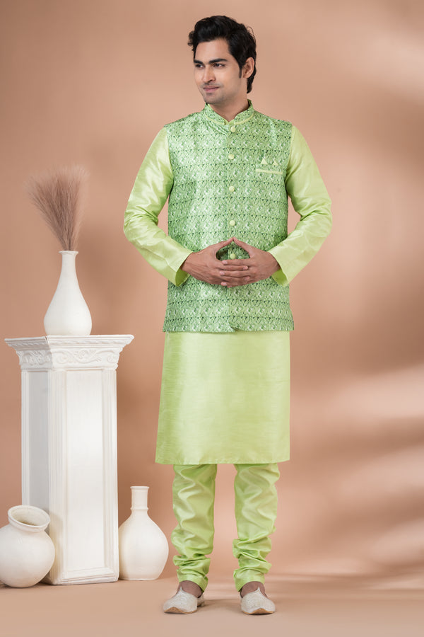 Angasudha Light Green Banarasi Silk Kurta Pyjama with Self-Embroidery Jacket