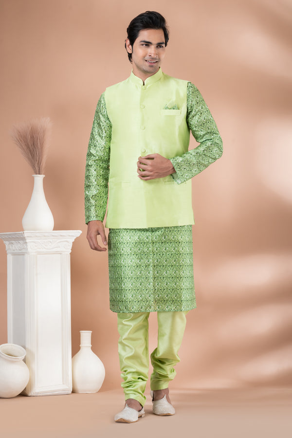Angasudha Self-Embroidered Kurta Set with Solid Light Green Banarasi Silk Jacket