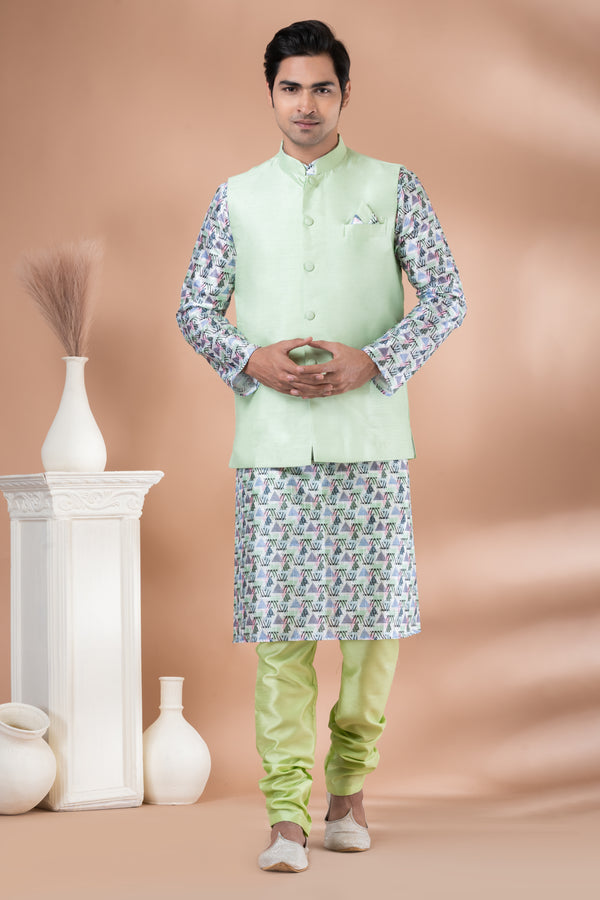Angasudha Printed Kurta Set with Solid Light Mint Green Banarasi Silk Jacket
