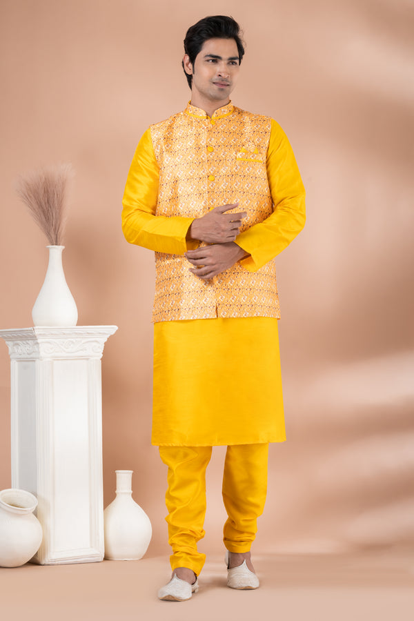 Angasudha Haldi Yellow Banarasi Silk Kurta Pyjama with Self-Embroidery Silk Jacket
