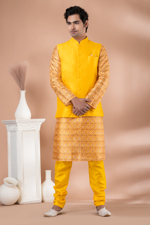 Angasudha Golden Yellow Self-Embroidered Kurta Set with Solid Banarasi Silk Nehru Jacket