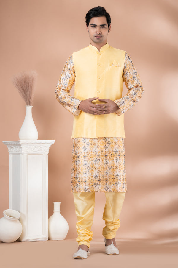 Angasudha Subtle Gold Printed Kurta Set with Light Yellow Banarasi Silk Jacket