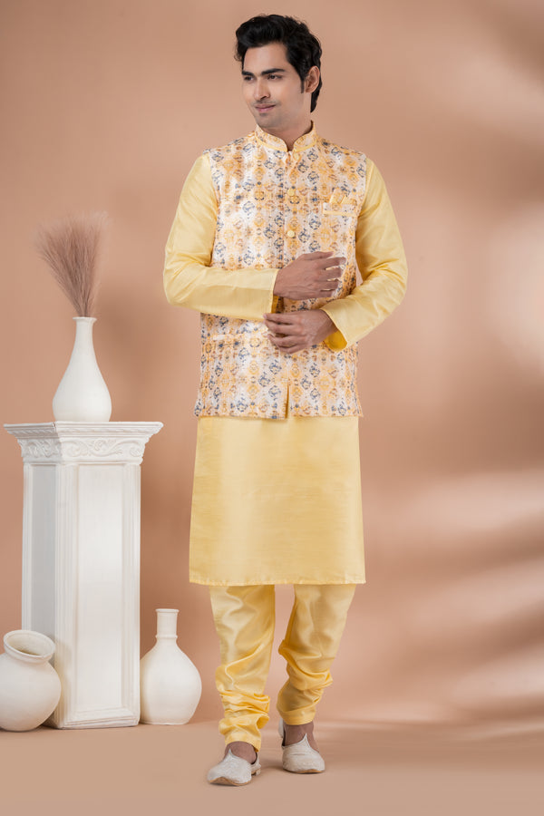 Angasudha Light Yellow Banarasi Silk Kurta Pyjama with Printed Silk Jacket