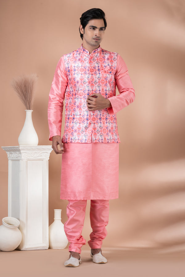 Angasudha Coral Pink Banarasi Silk Kurta Pyjama with Printed Silk Jacket