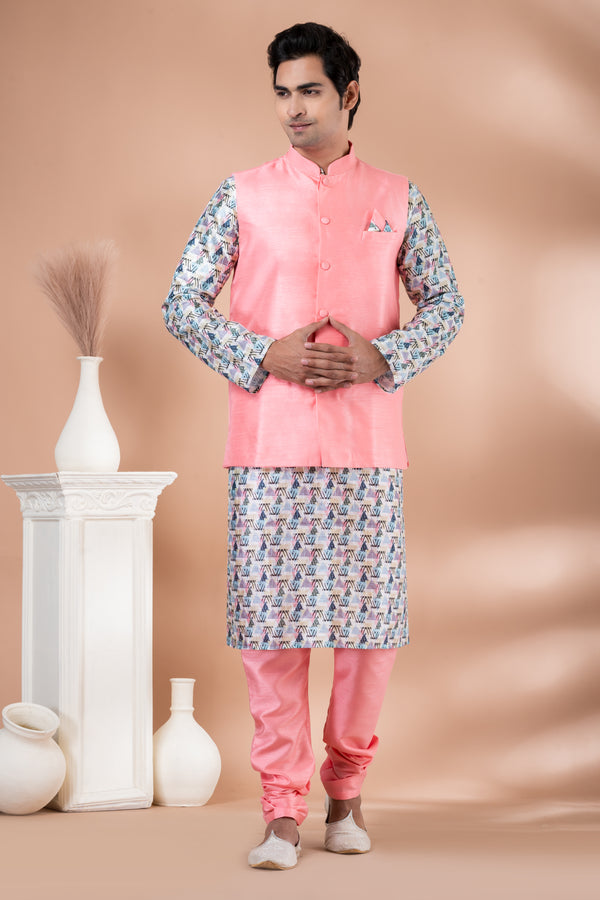 Angasudha Printed Kurta Set with Solid Coral Pink Banarasi Silk Nehru Jacket
