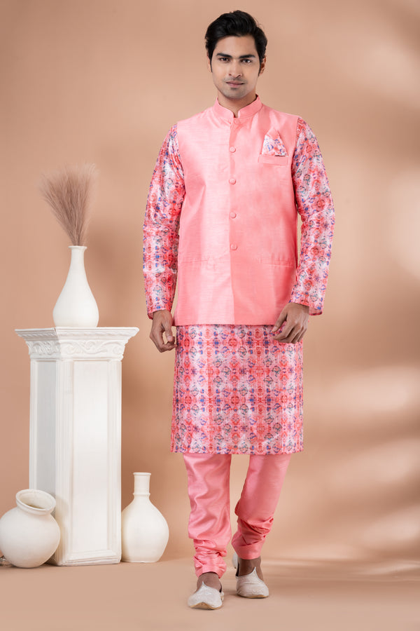 Angasudha Multicolor Printed Kurta Set with Solid Coral Pink Banarasi Silk Jacket