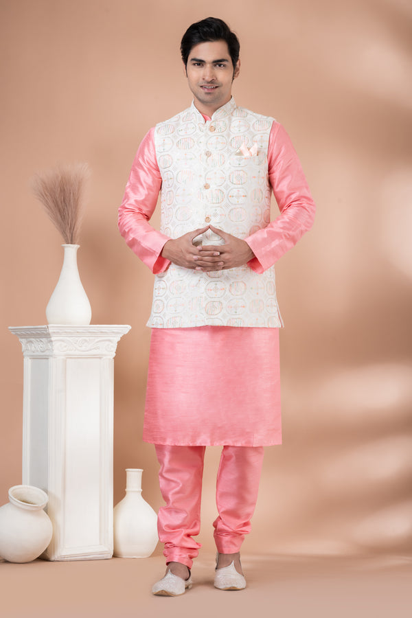Angasudha Light Peach Banarasi Silk Kurta Pyjama with Ivory Embroidered Nehru Jacket