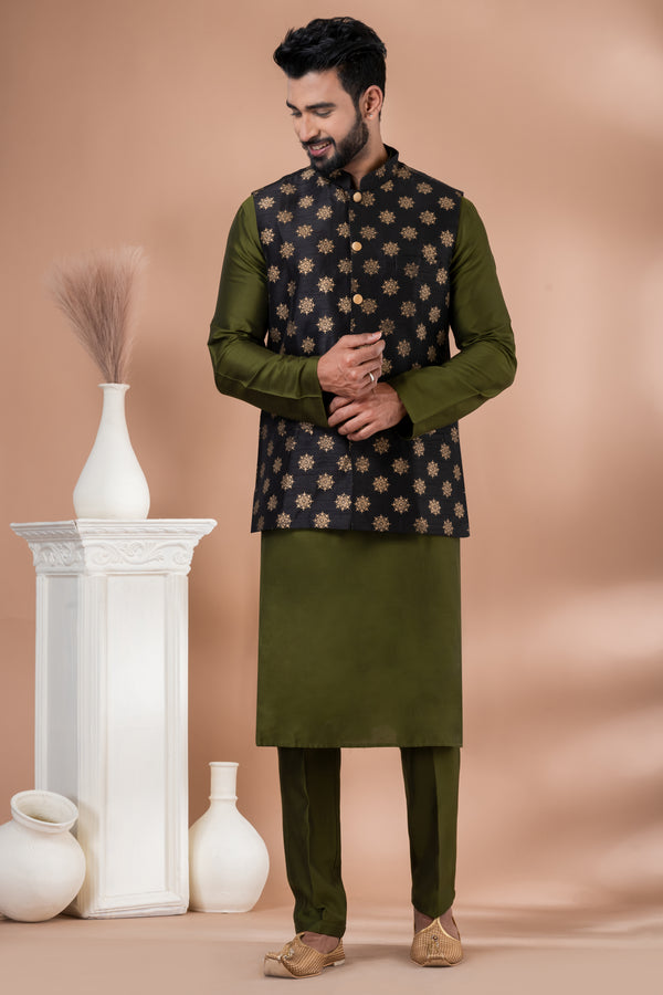 Angasudha Men's Olive Green Kurta Pajama With Modi Jacket