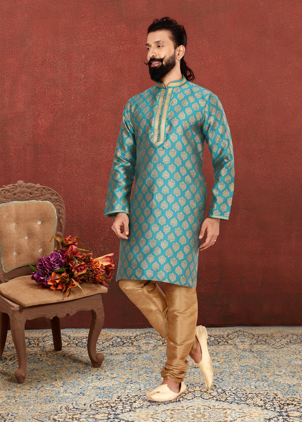 Angasudha Teal Elegance Jacquard Silk Kurta with Dupion Pyjama