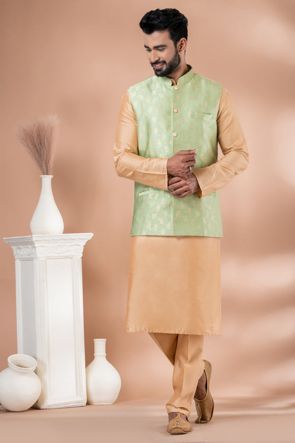Angasudha Pistachio Green Brocade Waistcoat with Beige Kurta Pyjama Set