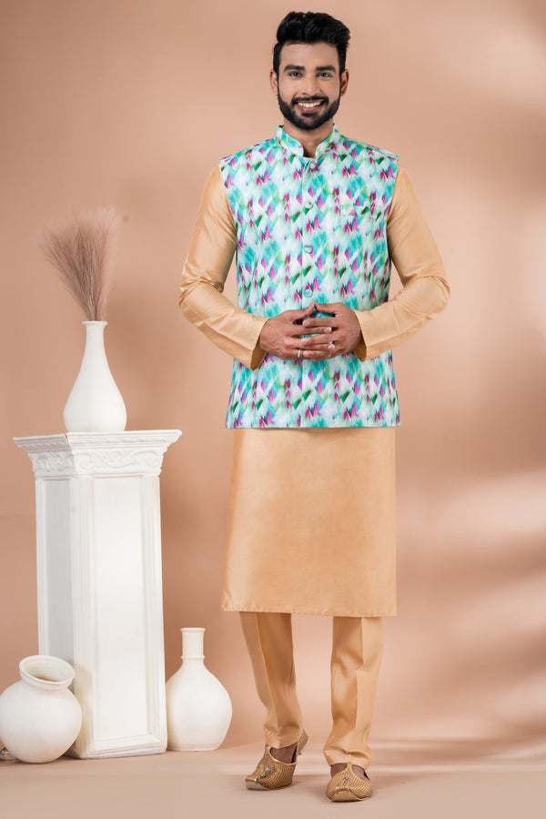 Angasudha Multicolor Printed Waistcoat with Beige Kurta Pyjama Set