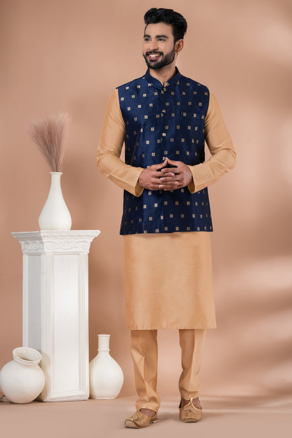 Angasudha Navy Blue Square Motif Waistcoat with Beige Kurta Pyjama Set