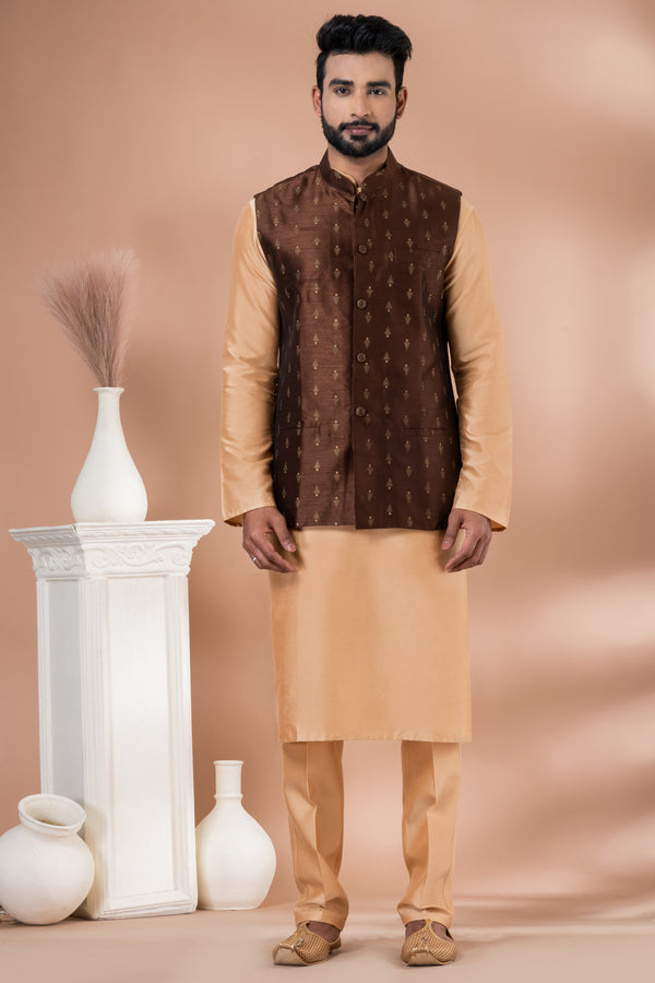 Angasudha Chocolate Brown Brocade Waistcoat with Beige Kurta Pyjama Set