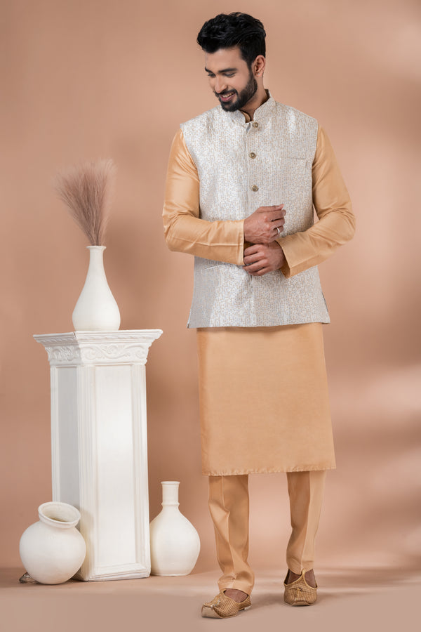 Angasudha Ivory Sequin-Embroidered Waistcoat with Beige Kurta Pyjama Set