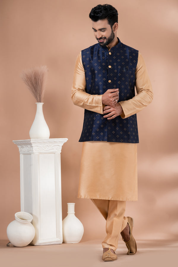Angasudha Navy Blue Jacquard Waistcoat with Beige Kurta Pyjama Set