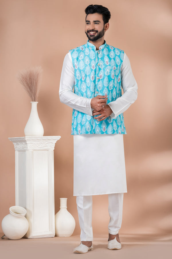 Angasudha Peacock Feather Print Turquoise Waistcoat with White Kurta Pyjama Set