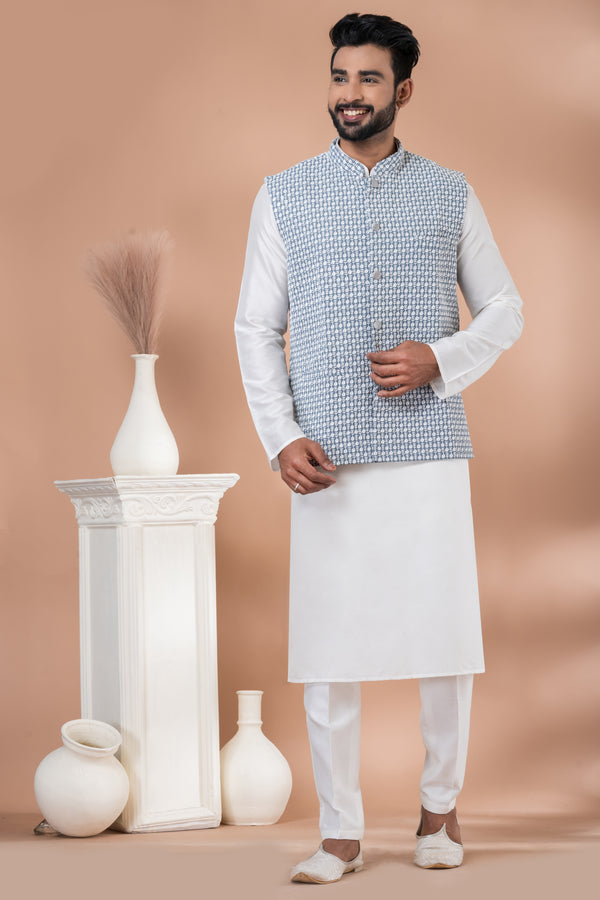 Angasudha Sky Blue Embroidered Textured Waistcoat with White Kurta Pyjama Set