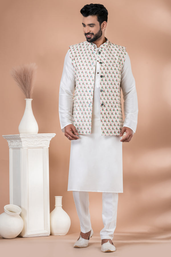 Angasudha Cream Floral Printed Waistcoat with White Kurta Pyjama Set
