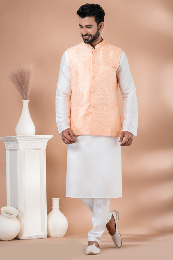 Angasudha Peach Zigzag Brocade Waistcoat with White Kurta Pyjama Set