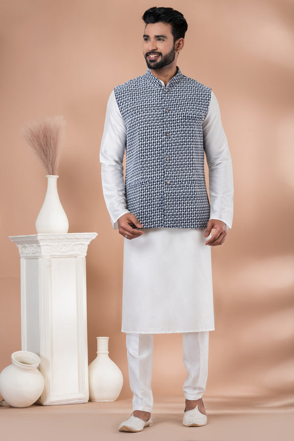 Angasudha Navy and White Geometric Textured Waistcoat with White Kurta Pyjama Set
