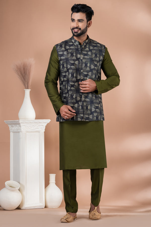 Angasudha Olive Green Kurta Pyjama with Geometric Patterned Black Waistcoat Set