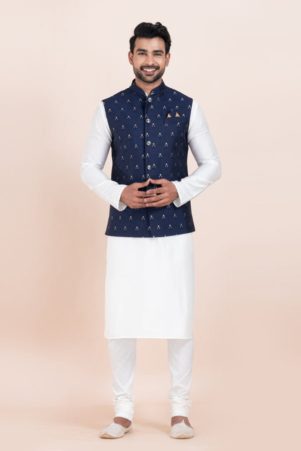 Angasudha Men’s Traditional White Kurta Pyjama with Navy Blue Printed Nehru Jacket