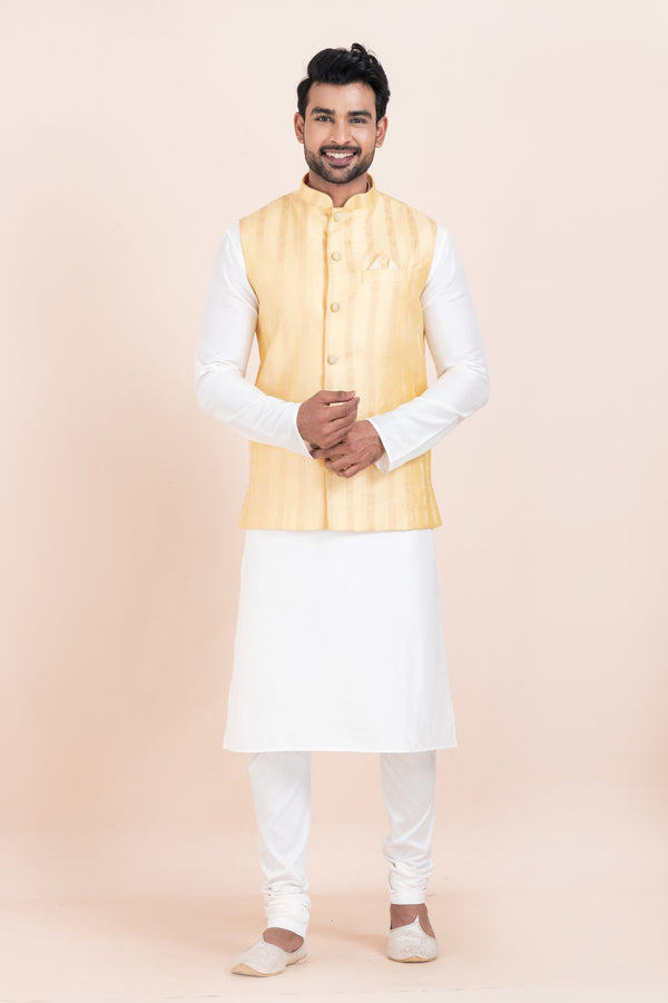 Angasudha Men’s White Kurta Pyjama with Golden Yellow Silk Nehru Jacket